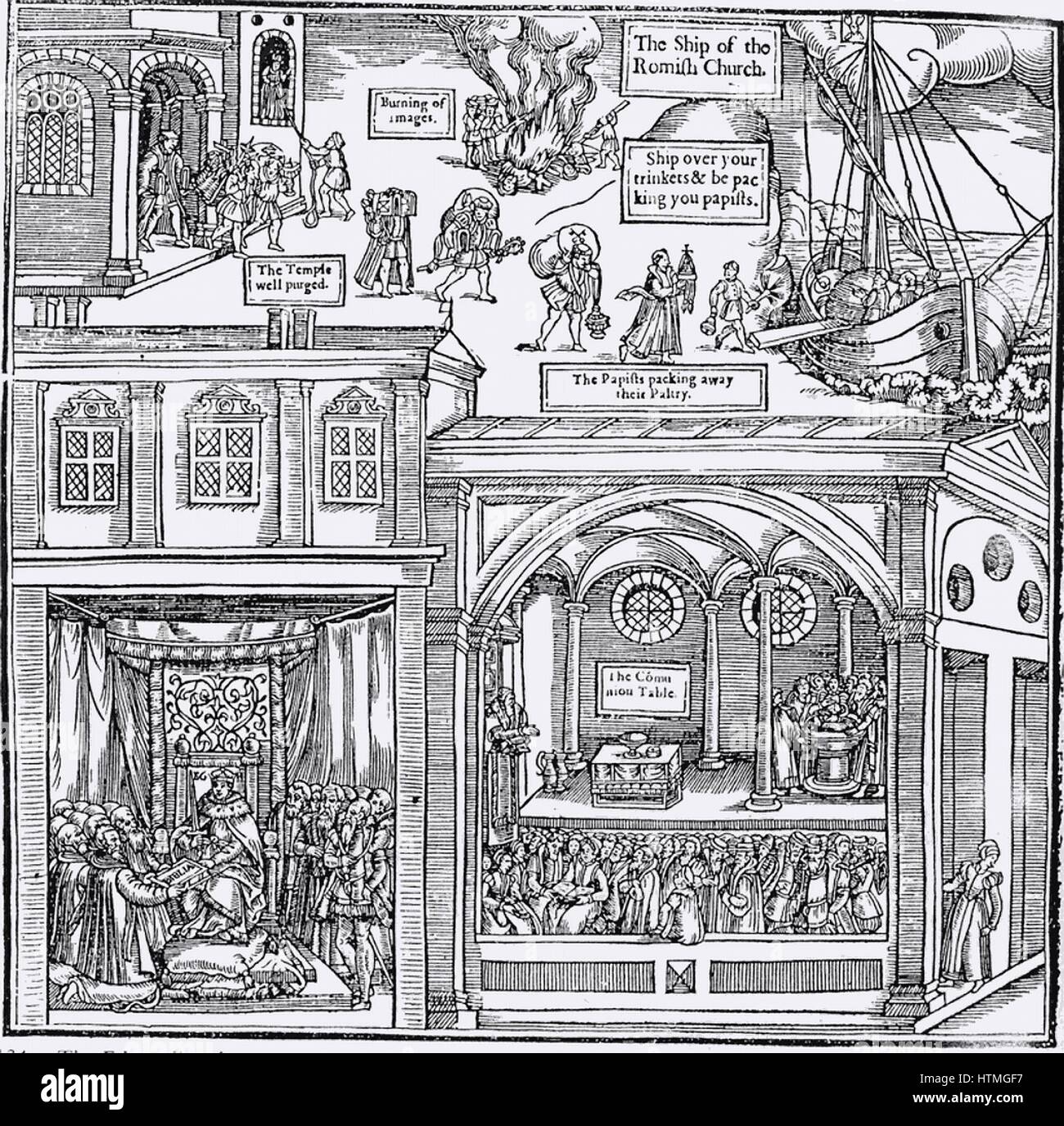 Xilografia dalla prima edizione di John Foxe 'Il libro dei martiri", Londra 1563, raffigurante l'iconoclasmo, al centro in alto. Nella parte superiore dell'immagine 'papists' sono impacchettare il loro 'irrisorio,' mentre la chiesa viene spurgato di idoli. In basso a sinistra di chierici ricevere t Foto Stock