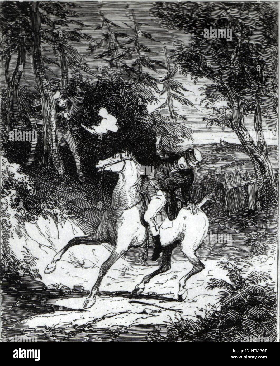 William Horsfall, un commerciante dello Yorkshire e produttore, assassinati dai luddisti vicino a Huddersfield, 1812. Incisione da Camden Pelham "Le cronache del crimine", Londra 1887. Illustrazione di 'Phiz' (Hablot Knight Browne). Foto Stock