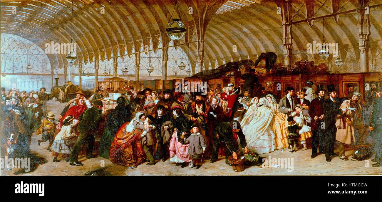 William Powell Frith (1819-19-9) pittore inglese. "La stazione ferroviaria', 1862 mostra una affollata stazione di Paddington a Londra. Foto Stock