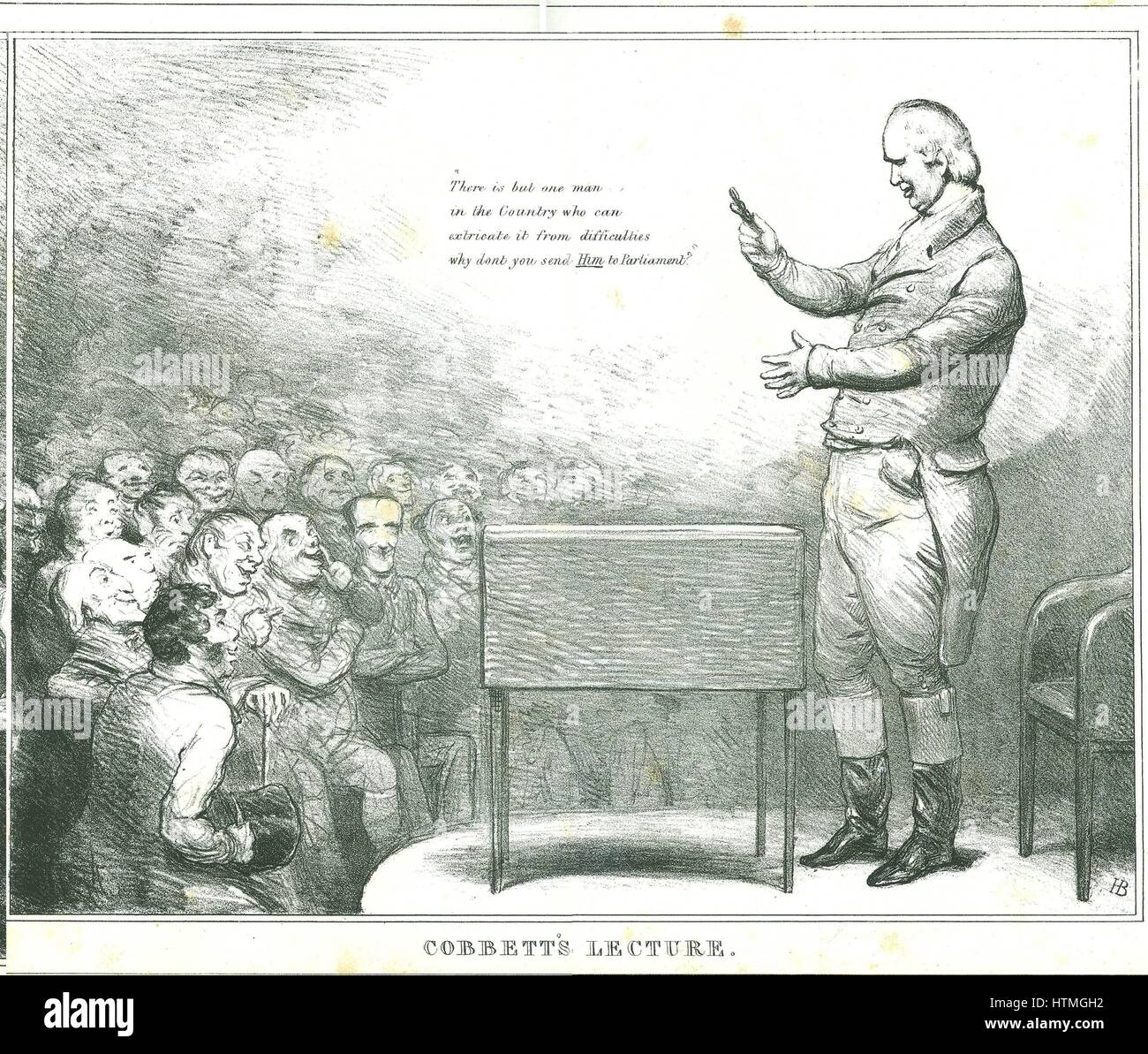 Cobbett lezione dell': William Cobbett (1763-1835) propaganda elettorale . Cobbett si fermò senza successo per il Parlamento nel 1821 e 1826, e nel 1832 fu eletto per Oldham. Cartone animato da John Doyle (1797-1868) nella sua serie di " politici schizzi', 1833. Litografia. Foto Stock