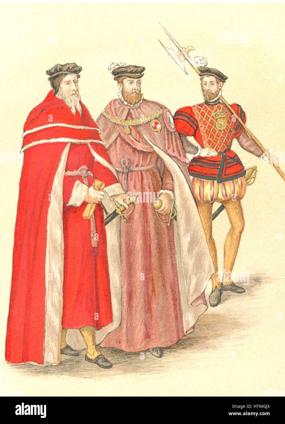 Due colleghi nelle loro vesti accompagnato da un Halberdier nel tempo di Elisabetta I. del XVI secolo. Foto Stock