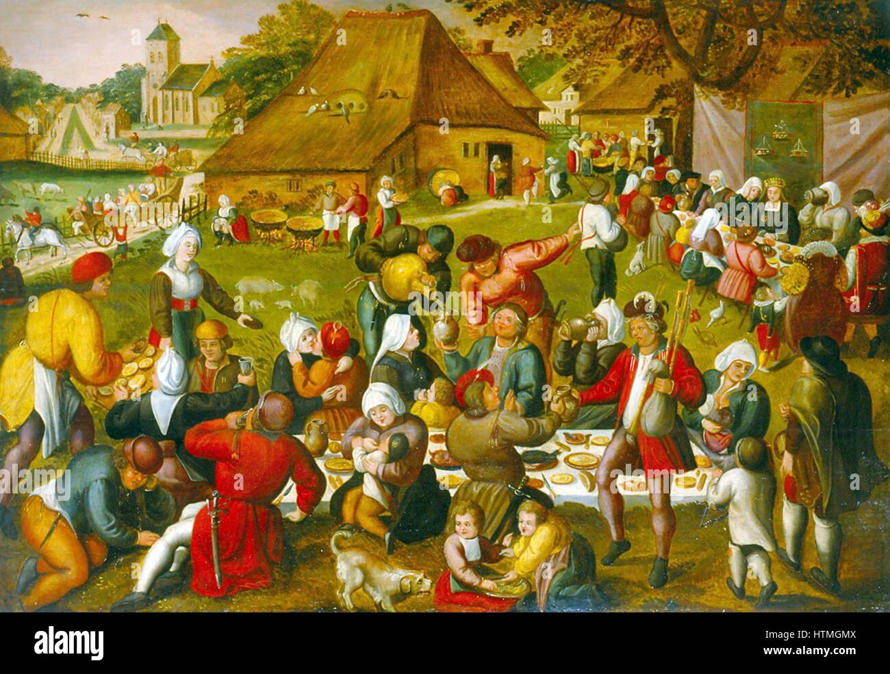 La festa di matrimonio". L'uomo con la cornamusa in basso a sinistra. Gli  ospiti mangiando e bevendo. Sposa, indossa una corona, si siede a tavola  sul centro destra. La pittura di Pieter