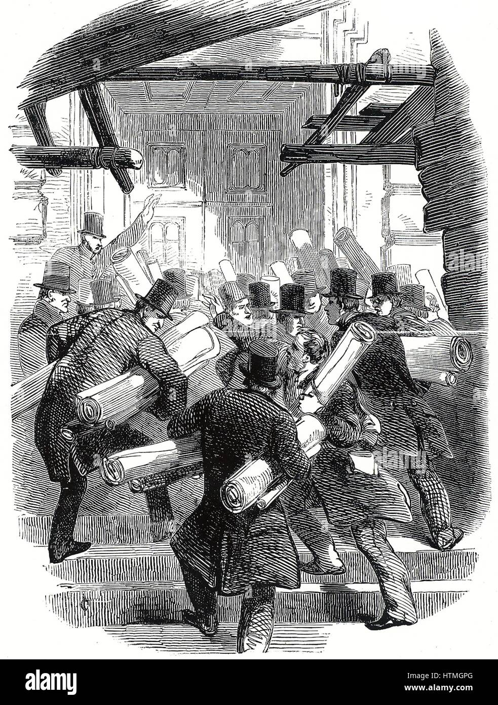 Railway mania: correndo per deposito piani ferroviaria a bordo di commercio prima della scadenza del termine per la presentazione. Da 'l'Illustrated London News' 6 dicembre 1845. Foto Stock