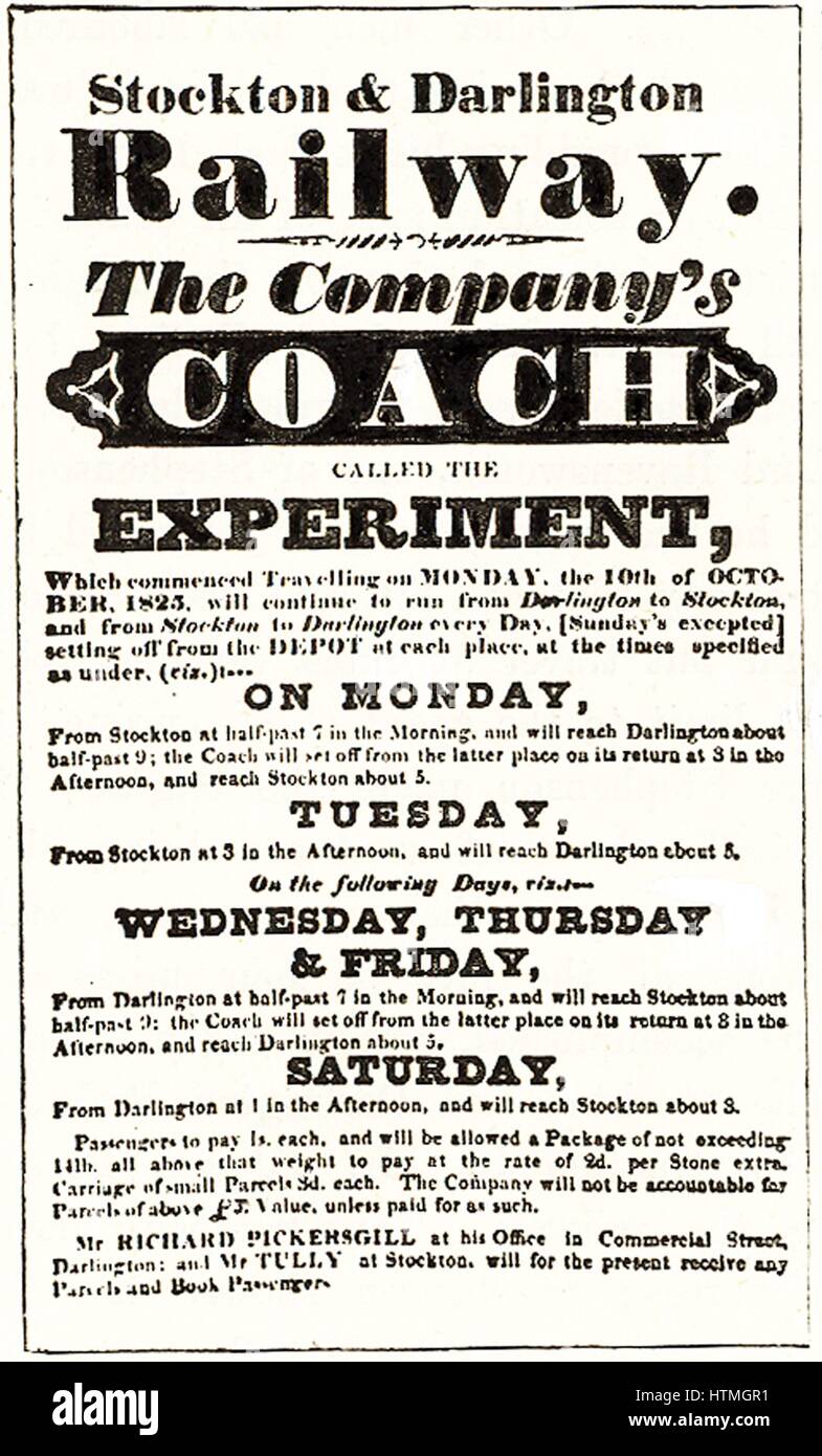 Stockton & Darlington Railway, inaugurato il 27 settembre 1825. Annuncio per il primo passeggero carrozza ferroviaria "esperimento". Costruiti principalmente per il trasporto di carbone, passeggeri erano qualcosa di un ripensamento. Foto Stock