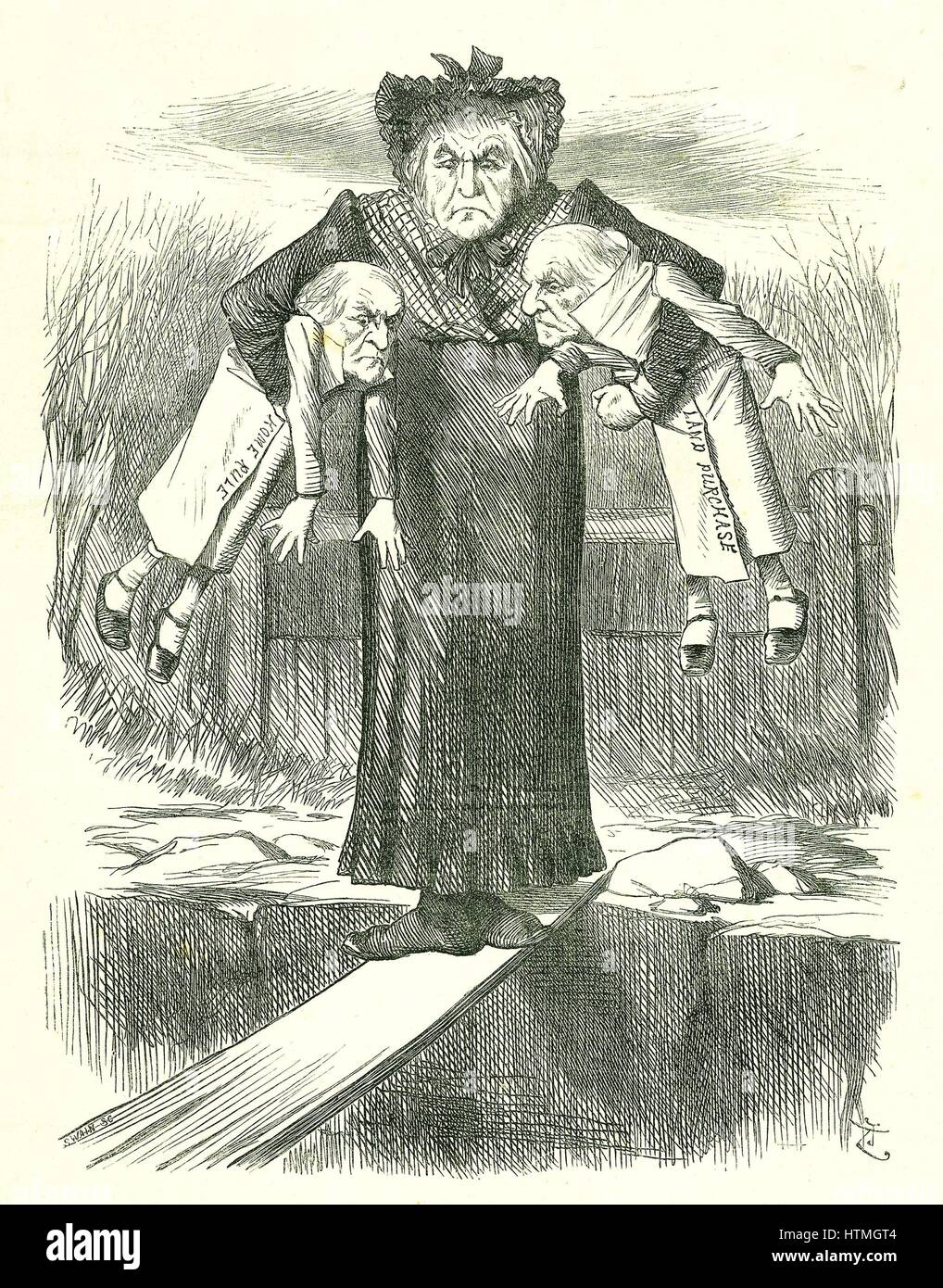 'Set verso il basso due e portano uno ".?: Gladstone, il Primo ministro britannico, in un dilemma su quale delle controverse fatture irlandese di accantonare. John Tenniel cartoon da 'Foratura', Londra, 3 aprile 1886. Foto Stock