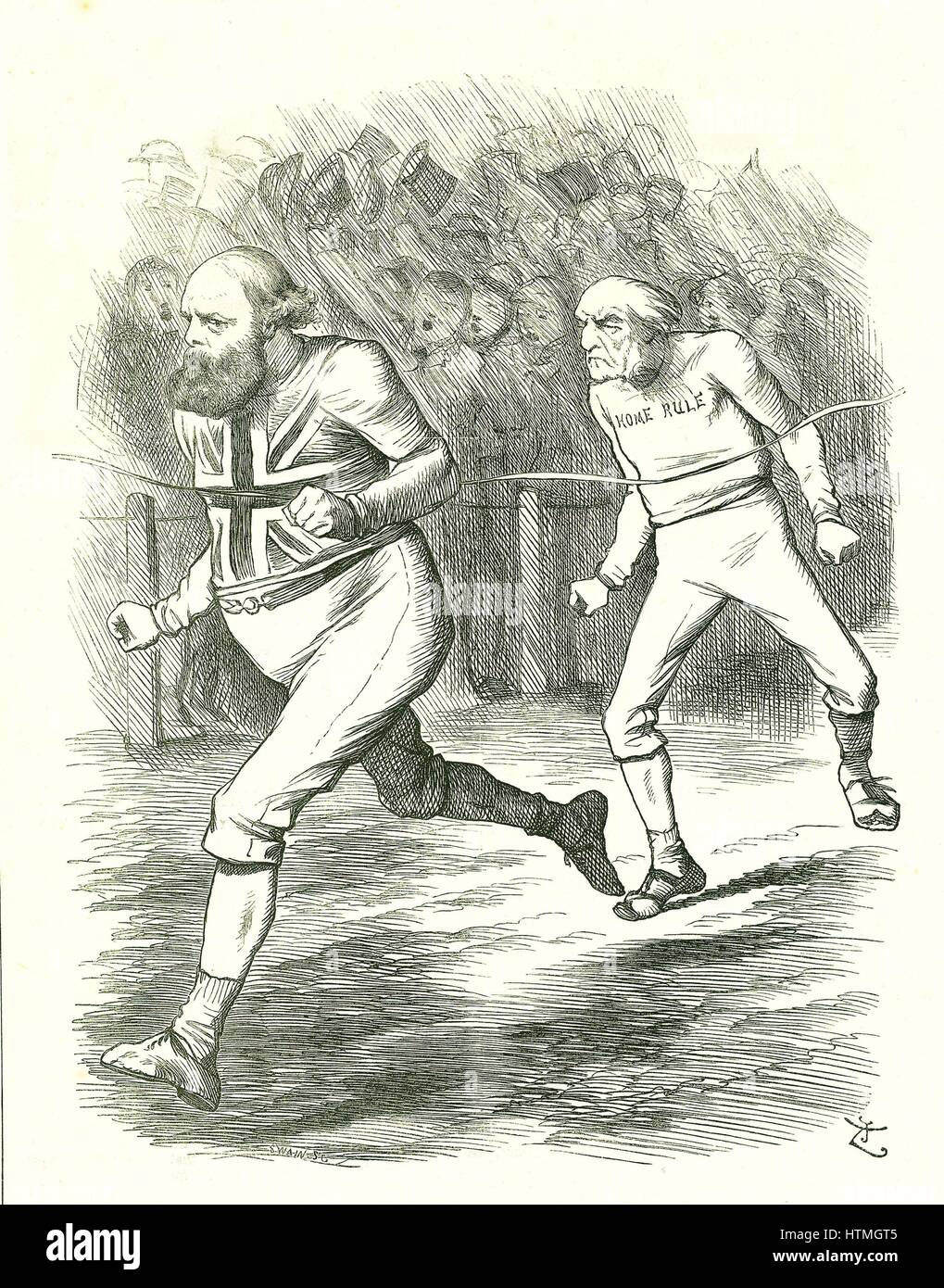 'Finitura': elezione generale 1886. Gladstone (liberale) è andato al paese oltre la sua casa regola per Irlanda bill. Salisbury (opposizione conservatrice) battiti Gladstone alla linea di finitura . John Tenniel cartoon da 'Foratura', Londra, 17 luglio 1886. Foto Stock