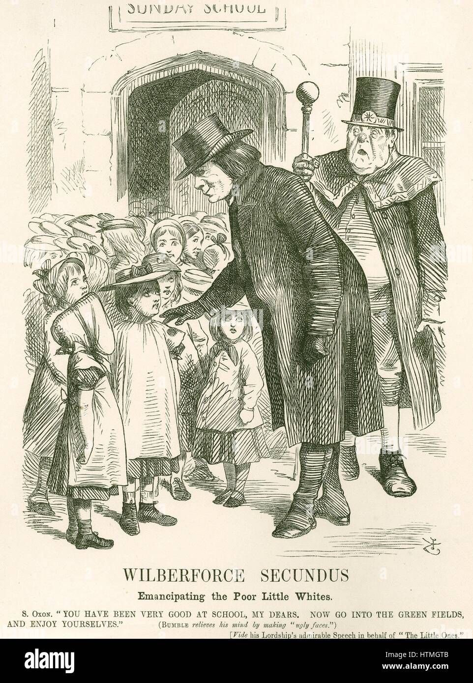 "Wilberforce Secundus': Samuel Wilberforce (1805-1873) inglese chierico. Wilberforce, Vescovo di Oxford, ha pronunciato un discorso a favore di attività ricreative per i bambini poveri. Leggenda allude al suo padre William di lavoro sulla abolizione della schiavitù. John Tenniel cartoon da 'Foratura', Londra, 7 settembre 1867. Foto Stock