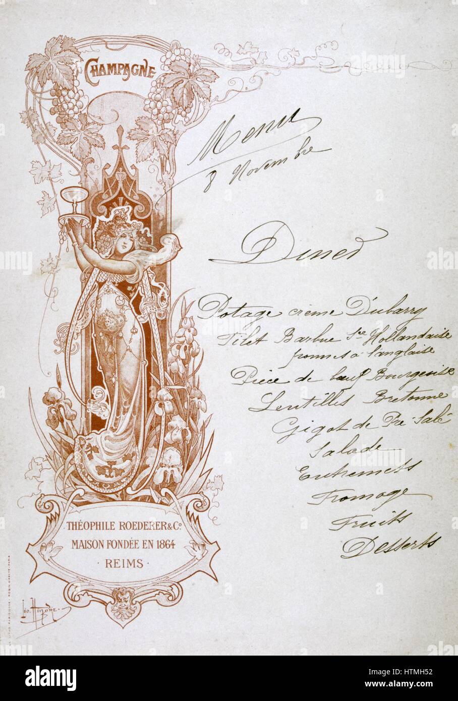 Cena con menu scritto a mano su un scheda di pubblicità per Theophile Roederer & Co. Champagne, fine del XIX secolo. Il cibo la pubblicità di bevande alcoliche Foto Stock