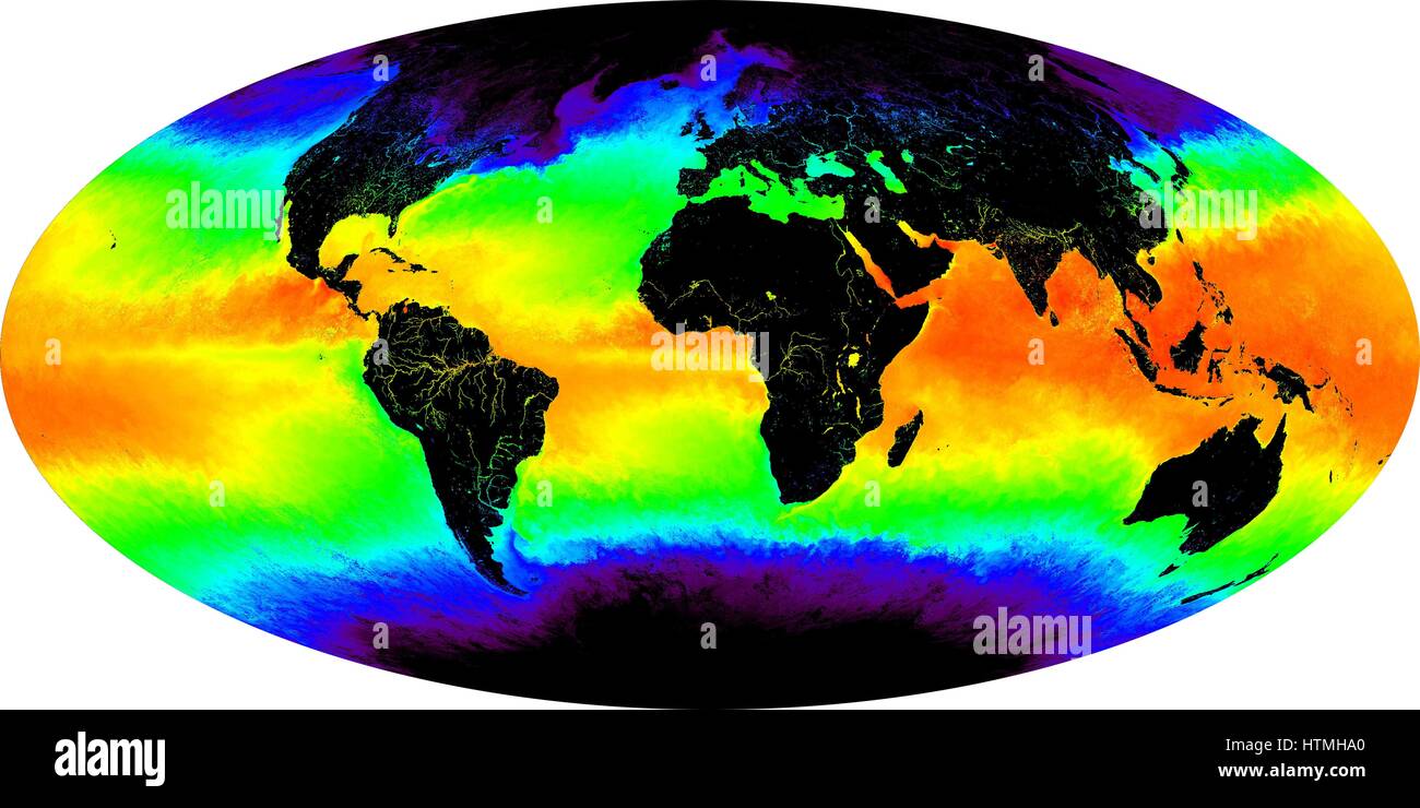 Credito di Cortesia di immagine:dello spettroradiometro MODIS Gruppo Ocean, NASA GSFC, e l'Università di Miami: la temperatura della superficie del mare mostrato in falsi colori dell'immagine. un mese di composito per maggio 2001. Il rosso e il giallo indica temperature più calde, il verde è un valore intermedio, mentre b Foto Stock