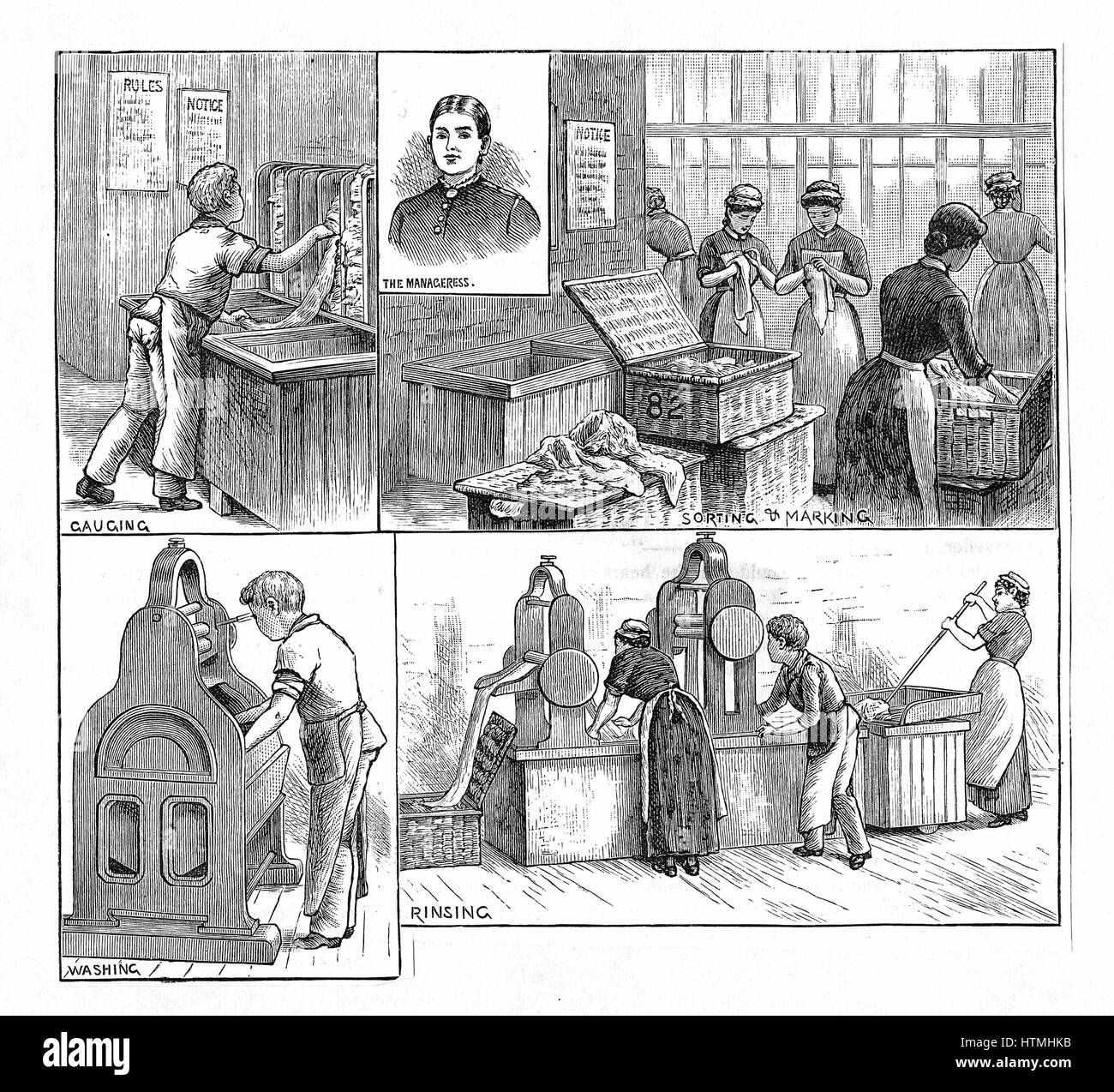 Scene in un servizio lavanderia. Direttrice e lavoratori di sesso femminile assistita da bambini. Incisione su legno, 1884 Foto Stock