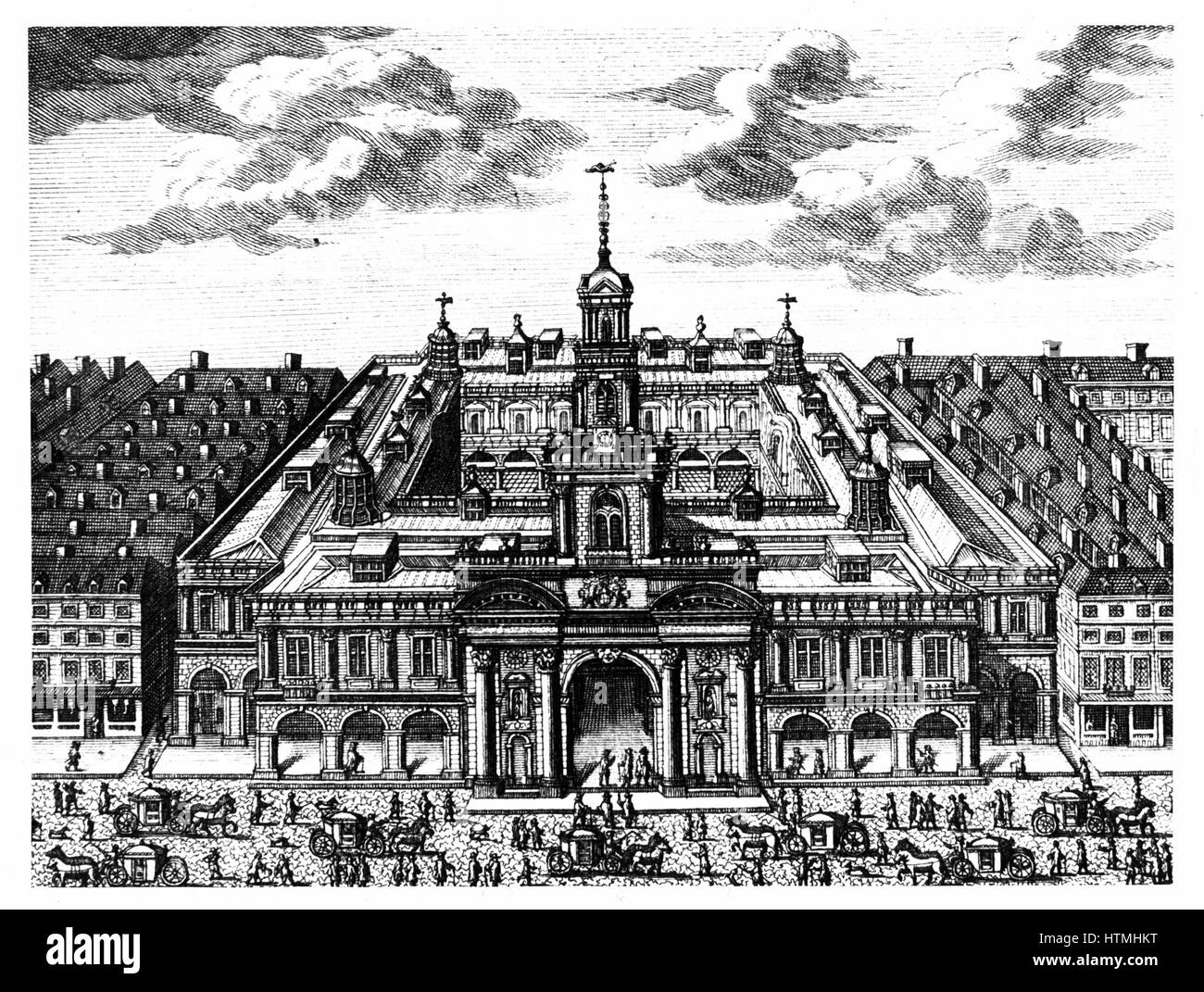 La seconda Royal Exchange, Londra, costruiti dopo il Gresham dell Exchange era stato distrutto in un incendio di Londra 1666. Questo edificio è stato bruciato il 10 gennaio, 1838. Xviii secolo incisione su rame Foto Stock