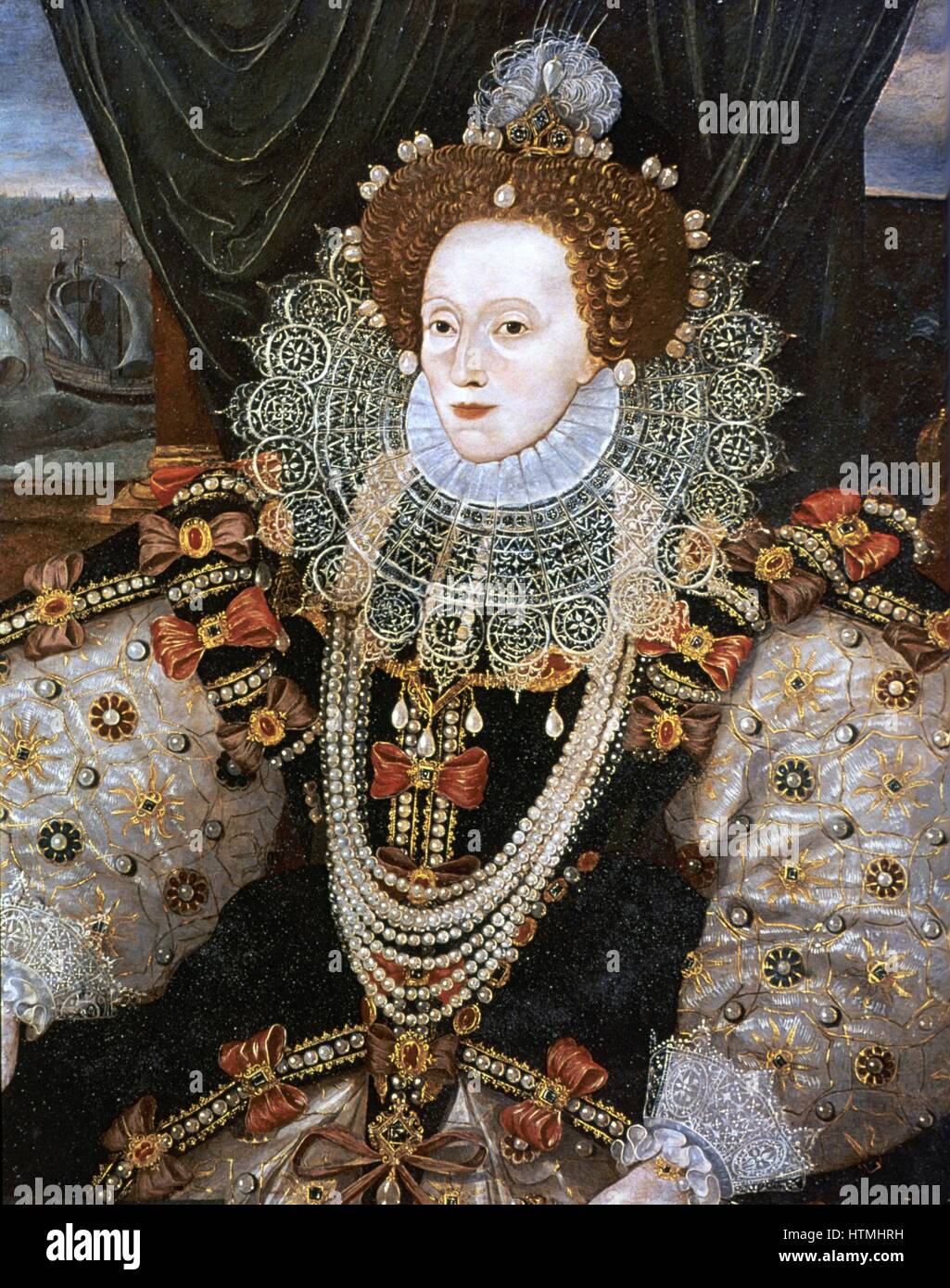 Elizabeth I (1533-1603) regina di Inghilterra e Irlanda dal 1558, ultimo Tudor monarch. Versione del ritratto Armarda attribuito a George Gower c1588. Foto Stock