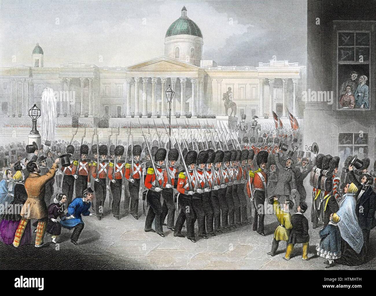Guerra di Crimea (Russo-Turkish Guerra) 1853-56: British Grenadier Guards uscire da Trafalgar Square, Londra, 22 febbraio 1854 sulla rotta per la Crimea. Colorate a mano incisione c1860 Foto Stock