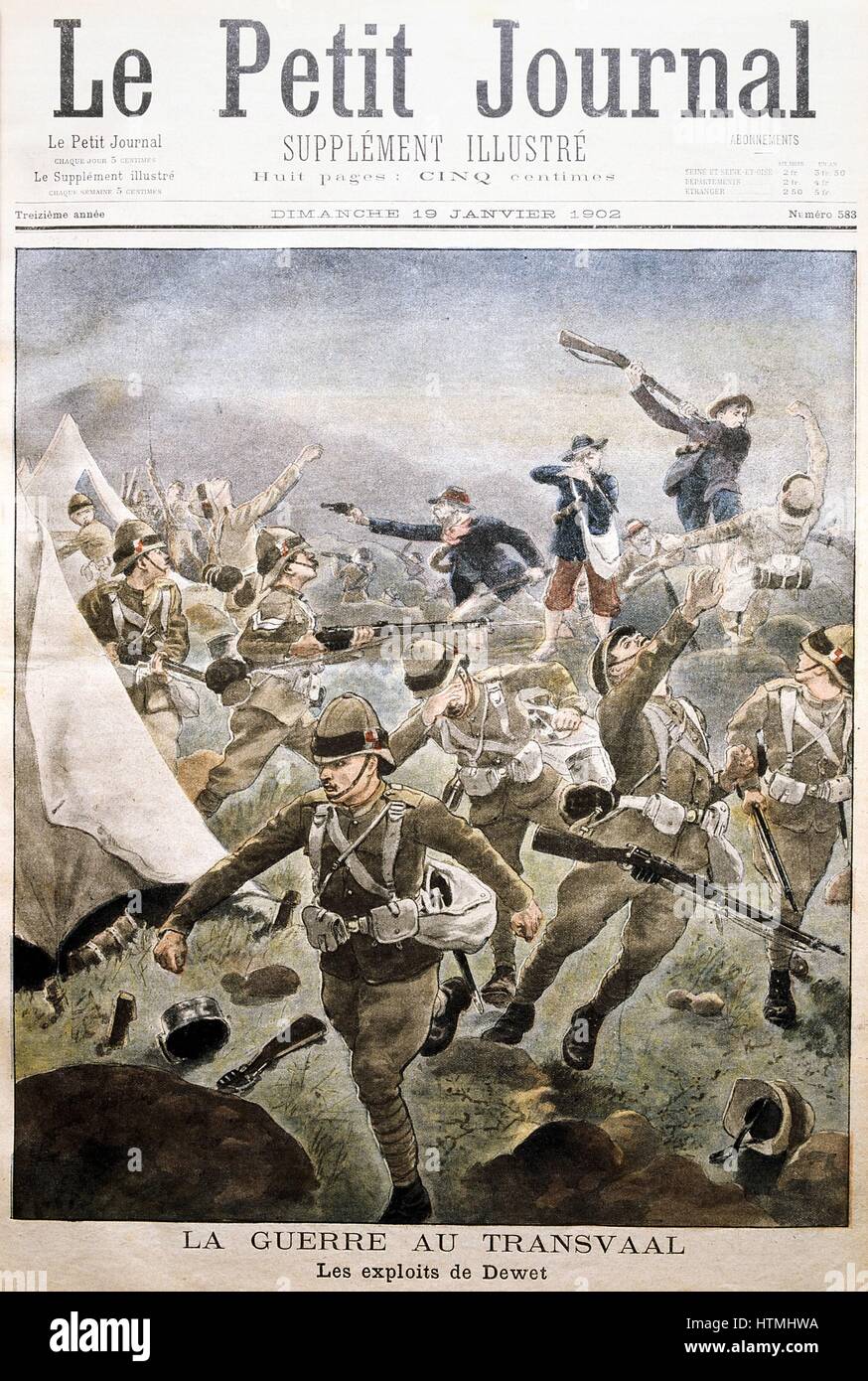 Guerra Boera: Boer forze sotto il generale sorprendente Dewet accampamento di soldati britannici a Tweefontein, 25 dicembre 1901. 368 British ucciso, ferito o presi prigionieri e le loro armi, munizioni e disposizioni sequestrati dalla Boers. Da "Le Petit Journal' Paris 19 Gennaio 1902 Foto Stock
