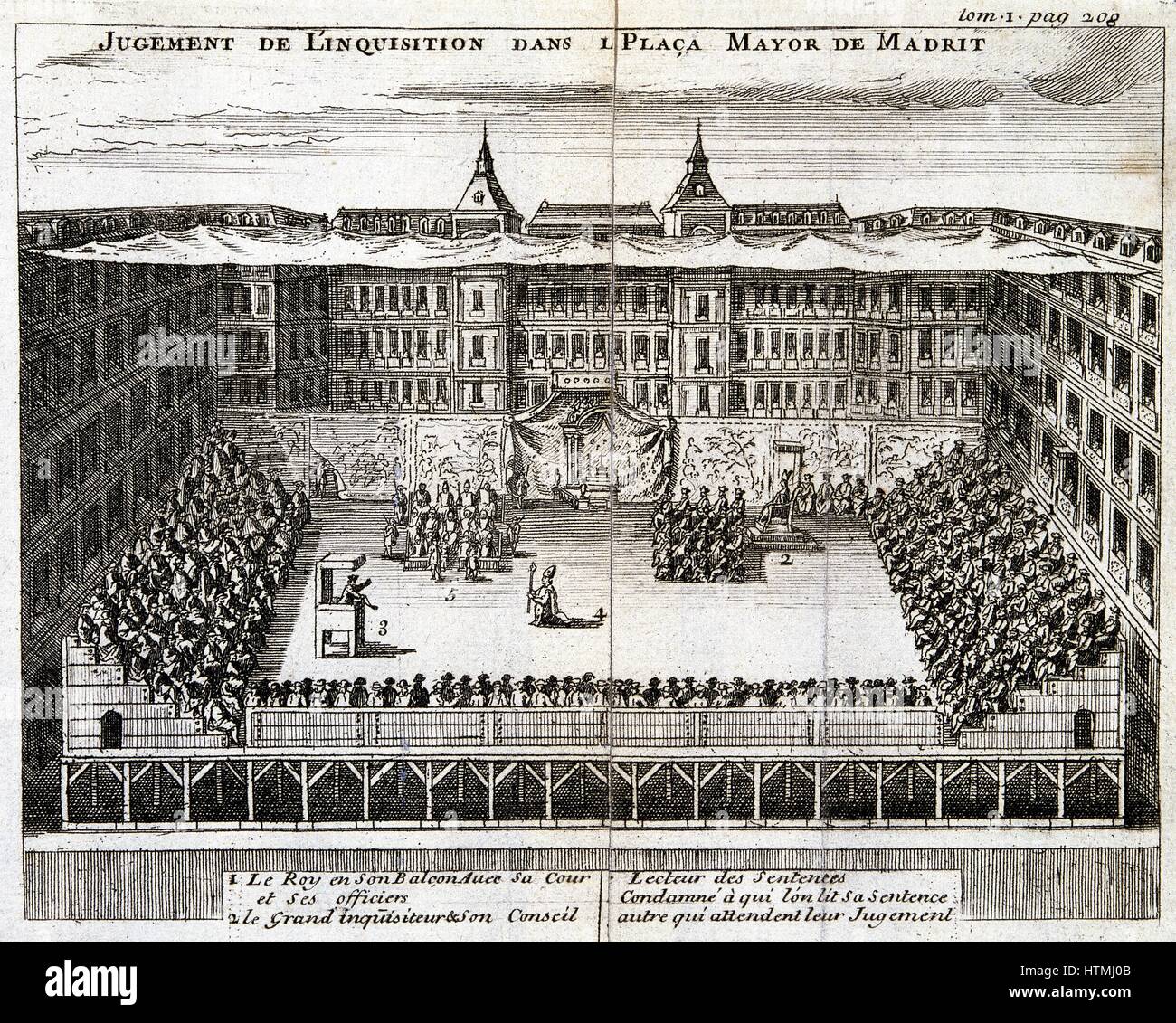 La prova dell'inquisizione spagnola in corso a Madrid. Incisione su rame pubblicato colonia, 1759 Foto Stock