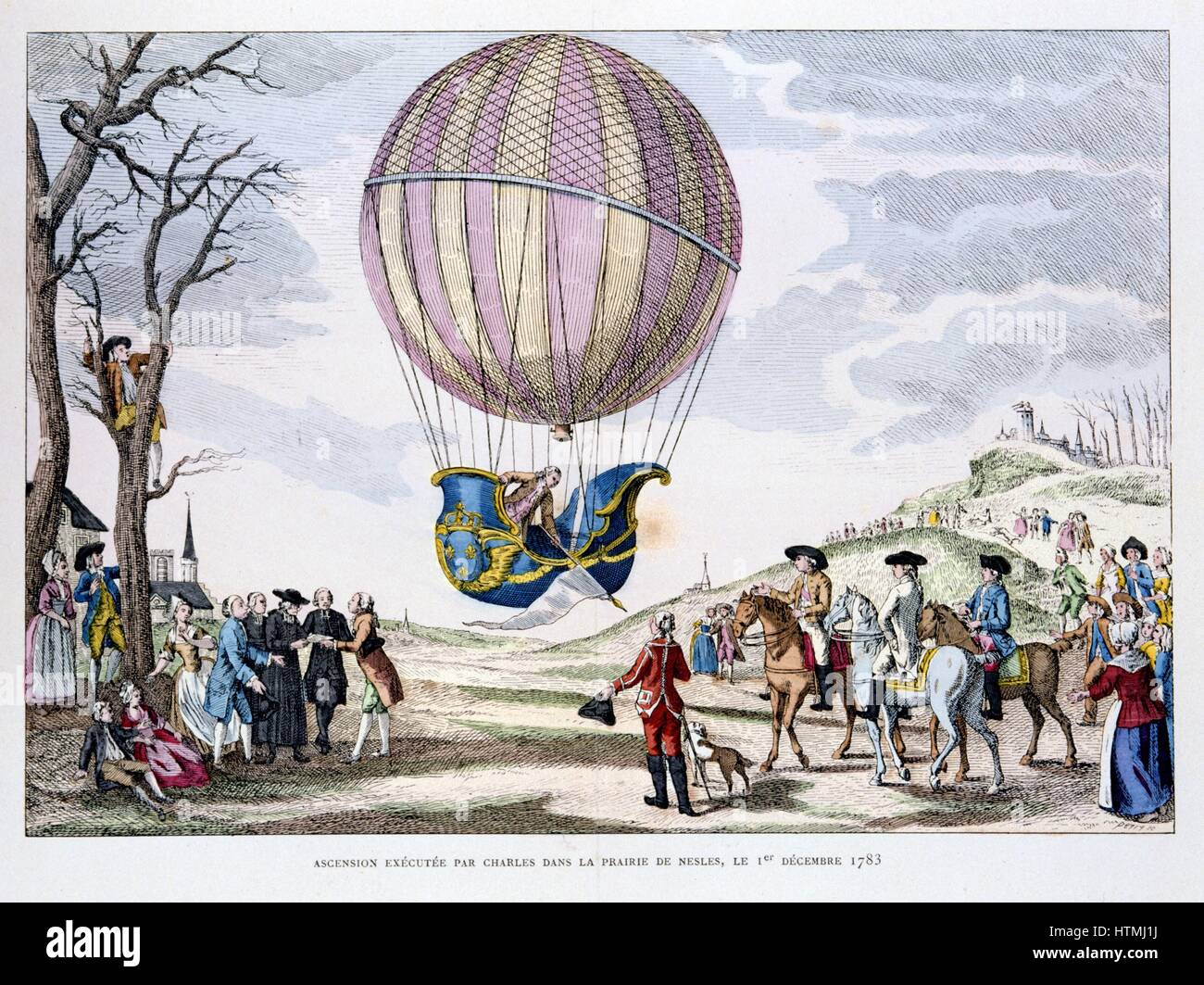 Salita fatta di J.A. Charles (1745-1822) in un palloncino di idrogeno nella pianura di Nesle, 1 dicembre 1783. Da Gaston Tissandier "Histoire des Ballons", Parigi, 1887. Foto Stock
