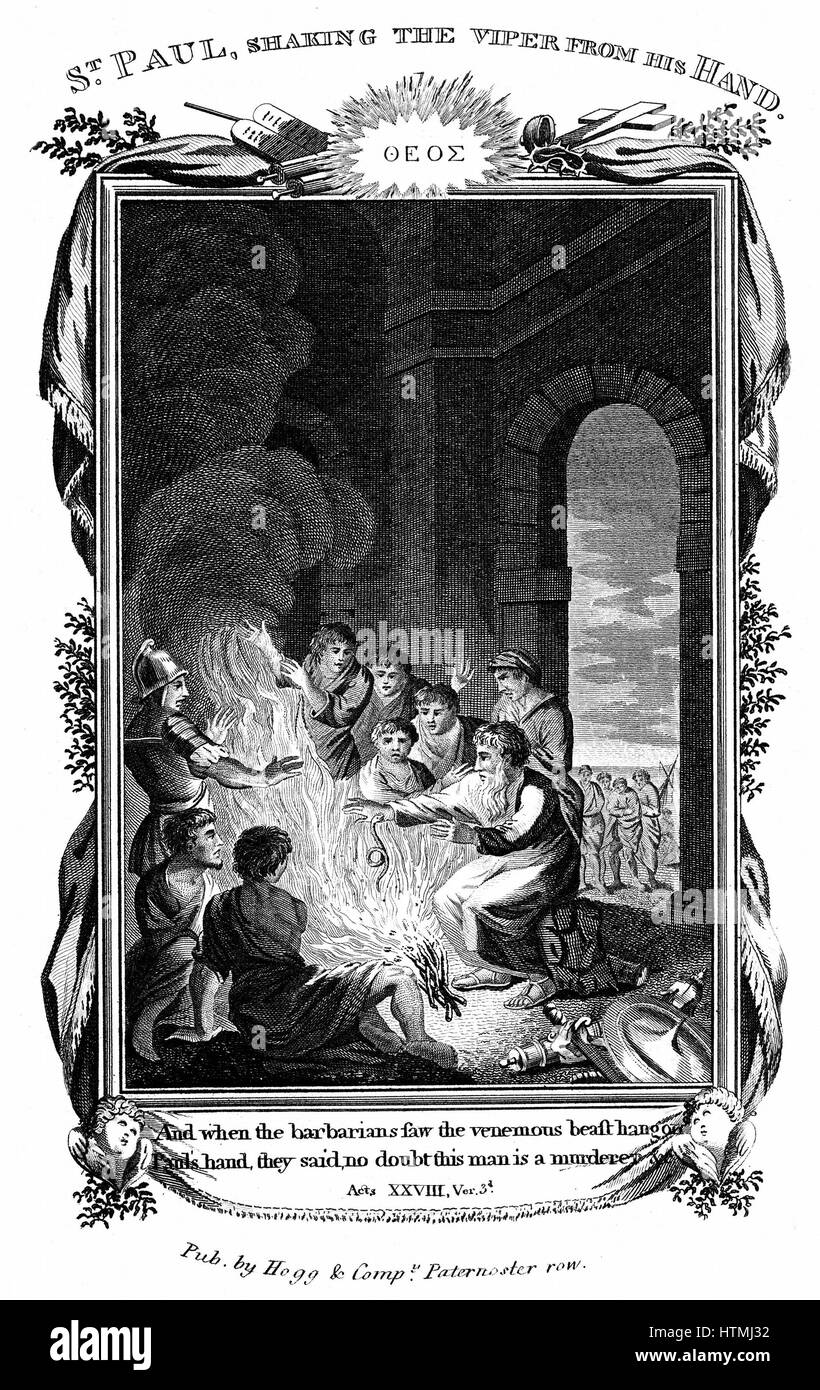 L apostolo Paolo scuotendo il viper dalla sua mano. "Bibbia" ATTI 28:3. Incisione su rame c1808 Foto Stock