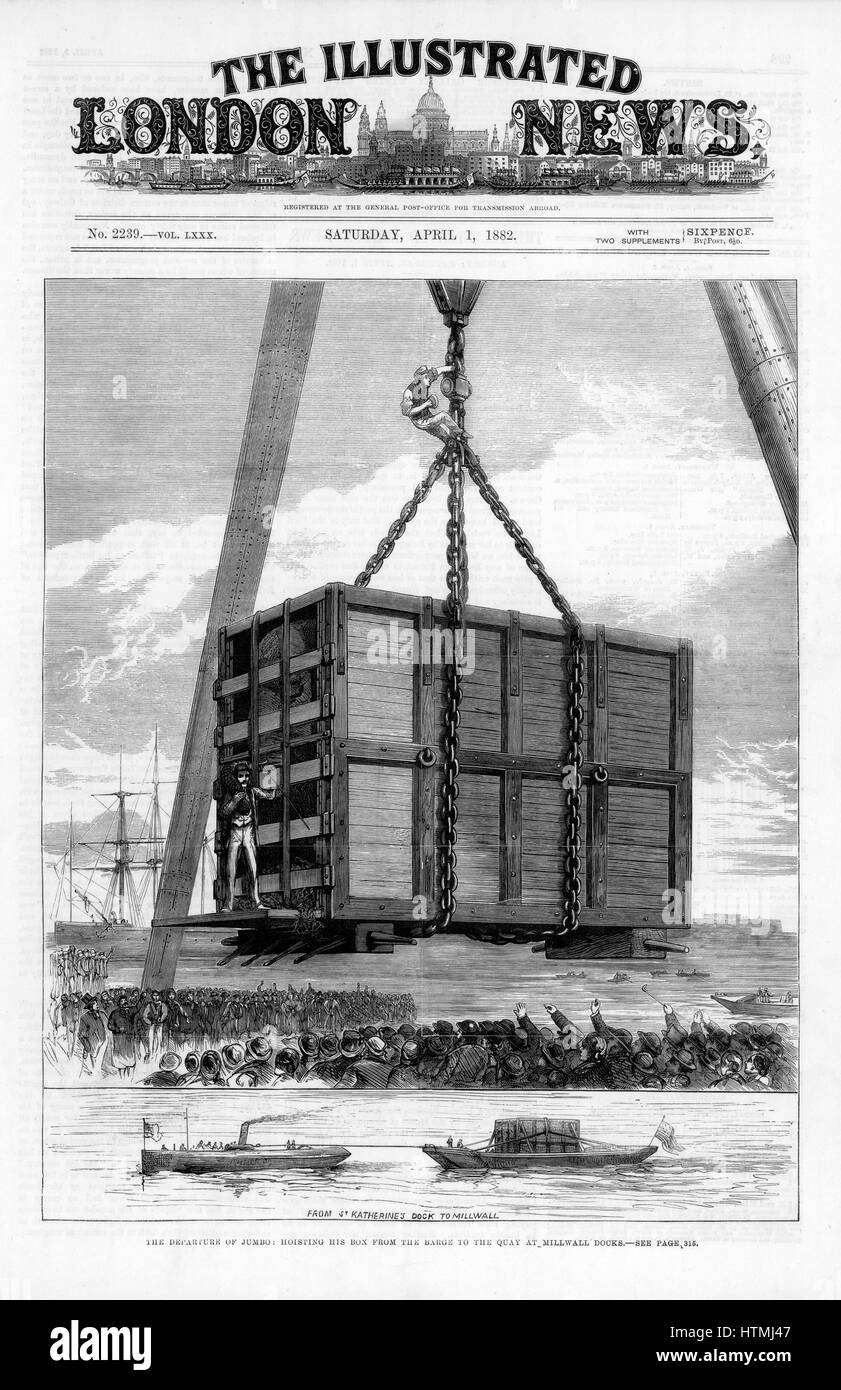 Jumbo il grande elefante africano venduti da Zoo di Londra nel 1882 per il mattatore americano Phineas Taylor Barnum (1810-1891) per il suo circo che divenne noto come il "più grande spettacolo sulla terra". Jumbo nella sua gabbia, il suo detentore sulla piattaforma per lui mantenere la calma, issata Foto Stock