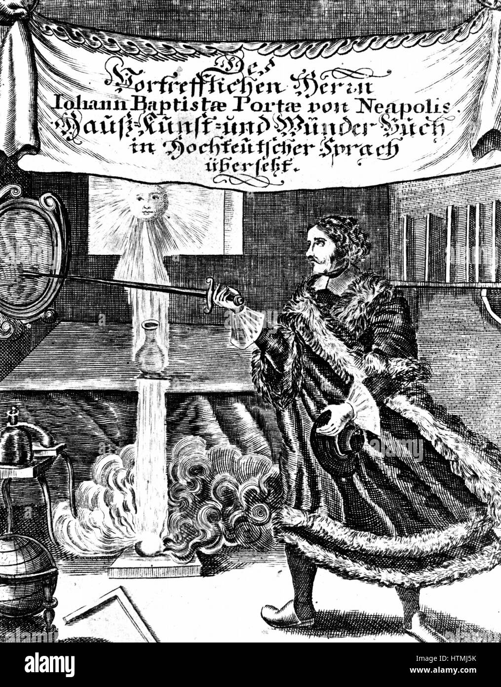 Frontespizio del tardo edizione del Johannnes Baptista della Porta (1543 - 1615) 'Magia Naturalis" (Norimberga, 1715). Immagine contiene un certo numero di essenziali funzioni alchemici come il filosofo di uovo, il vaso ermetico e il sole (oro). Incisione. Foto Stock