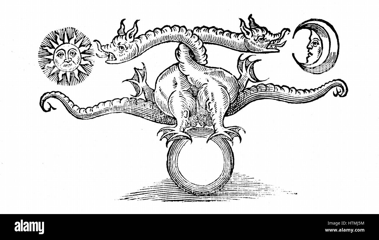 Simbolo alchemico di trasmutazione del metallo di base (messa a terra a fondo) in oro (Sun) e Argento (Luna) attraverso l'agenzia del drago (Mercurio - volatilità). Da "Theatrum Chemicum Britannicum' Elias Ashmole (Londra 1652). Xilografia. Foto Stock