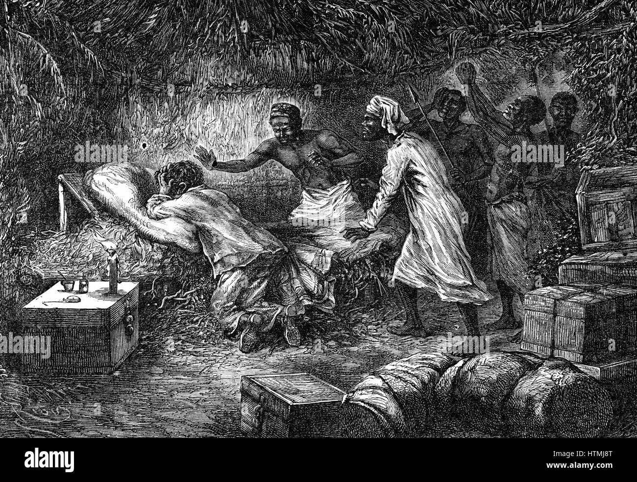 David Livingstone (1813-1873) Scottish missionario e African explorer, inginocchiato in preghiera dal suo letto, trovato morto dalla sua nativa servi, 1 Maggio 1873: Ilala distretto, Zambia. Incisione su legno, Parigi, 1877. Foto Stock