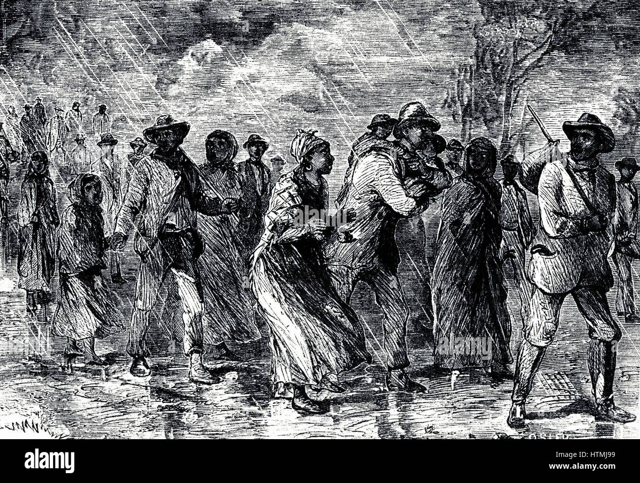 Fuggitivo schiavi in fuga dal Maryland a Delaware a titolo di "ferrovia sotterranea", 1850-1851. Incisione. Foto Stock