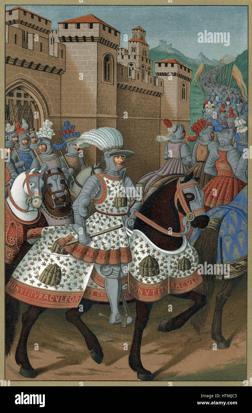 Luigi XII (1462-1515), re di Francia dal 1498, escursioni a cavallo con il suo esercito per punire la città di Genova, 24 aprile 1507. Copertura del re della corazza e del cavallo caparison sono decorate con orticaria e api. Chromolithograph dopo la miniatura di Jean Marot. Foto Stock