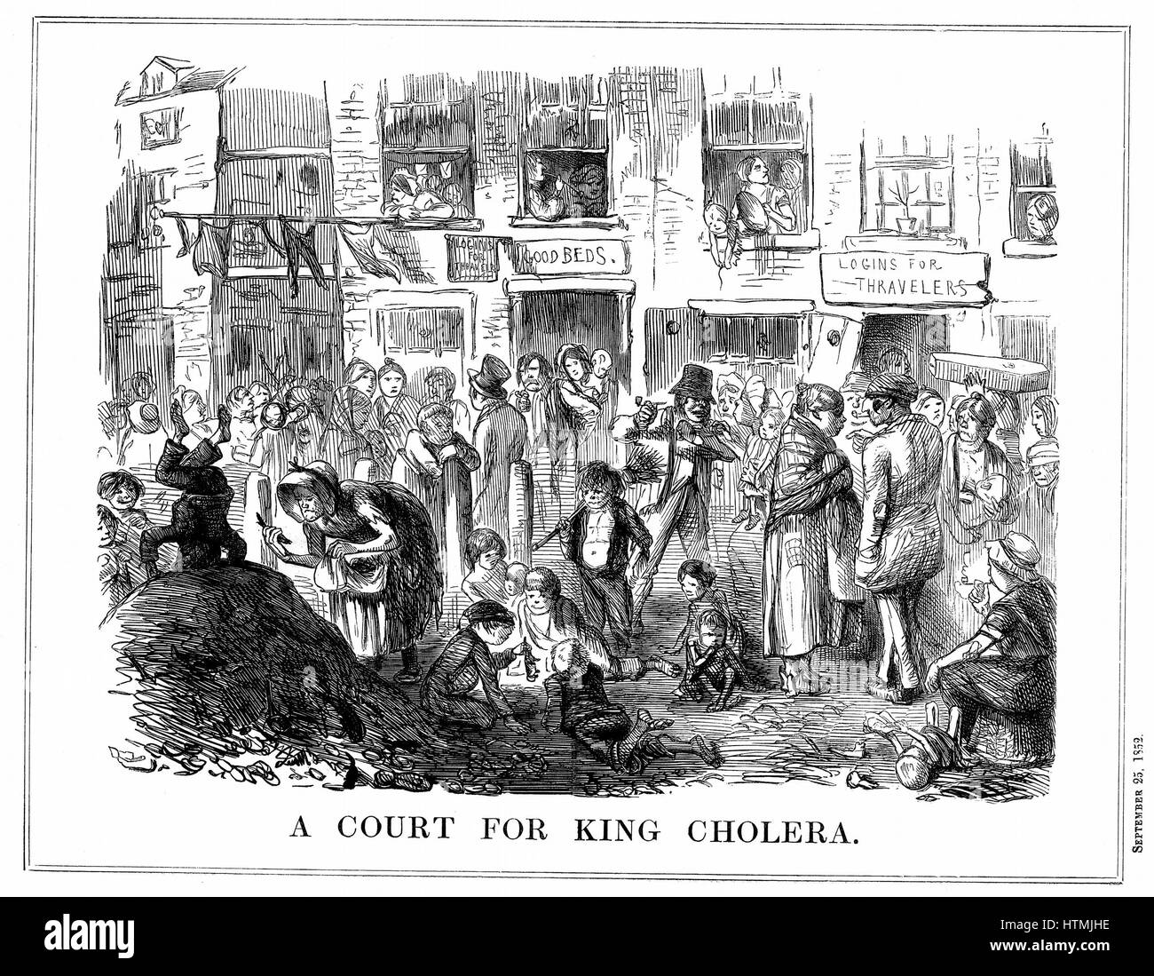 " Corte di Re il colera" tipici di affollate, le condizioni antigieniche nella baraccopoli di Londra. Cartone animato da 'Foratura' Londra il 25 settembre 1852. Incisione su legno Foto Stock