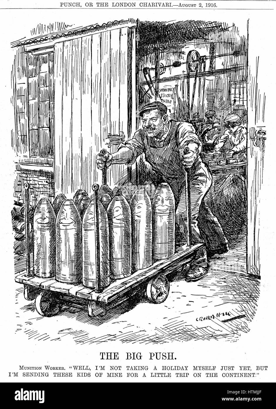 Spirito di sforzo di guerra. Cartoon di L. Ravenhill, London il 2 agosto 1916. Munizioni lavoratore con carrello di nuovi serbatoi di inviarli per un piccolo viaggio al continente (Europa) per utilizzare contro i tedeschi. Da "punzone" Londra 2 Agosto 1916 Foto Stock