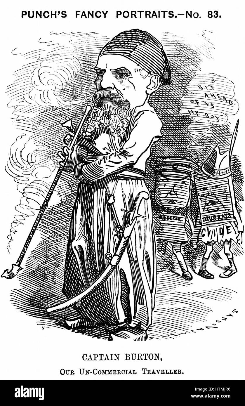 Richard Francis Burton (1821-1890) inglese orientalista e explorer. Cartone animato da Edward Linley Sambourne per 'Foratura', Londra, 13 maggio 1882, mostra Burton in abito orientale ha adottato nei suoi viaggi. Le figure a destra rappresentano Murray e Baedeker libri di guida. Incisione su legno Foto Stock