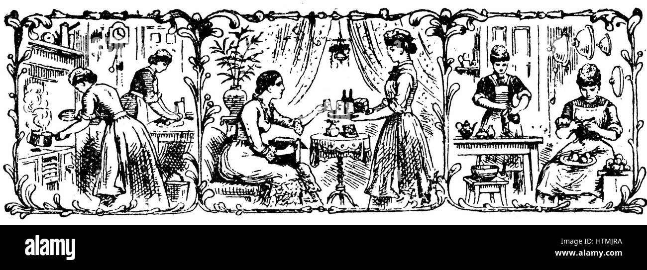 Il cuoco e cameriera cucina, salottino cameriera e Scullery cameriere. Testiera da Isabella Beeton 'il libro di gestione di tipo familiare", Londra, 1901. Incisione su legno Foto Stock