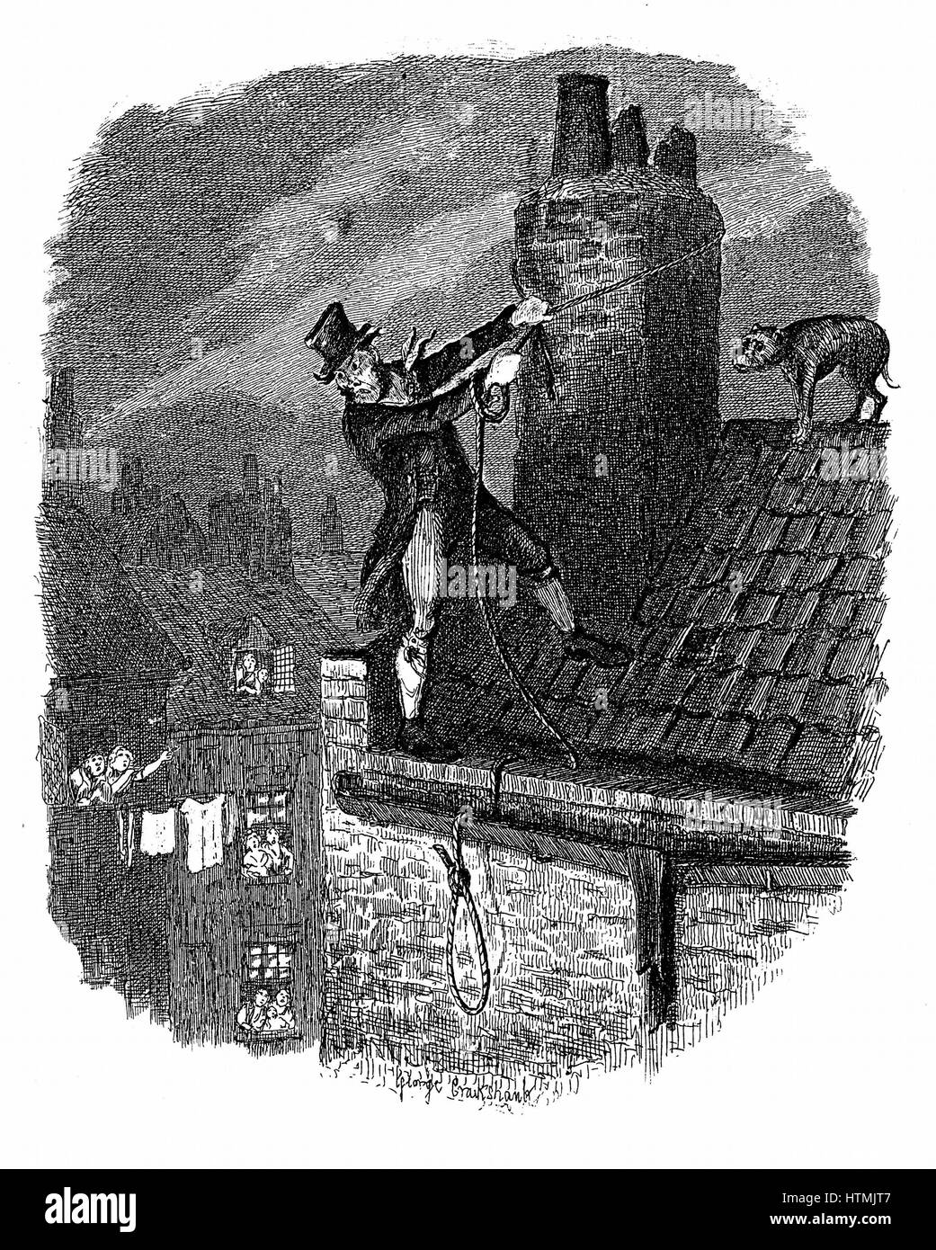 L'ultima chance: Bill Sykes il tentativo di sfuggire alla legge sui tetti, cade e si blocca se stesso con la sua corda. George Cruikshank illustrazione per Charles Dickens 'Oiliver Twist" 1837-38 di Londra. Incisione Foto Stock