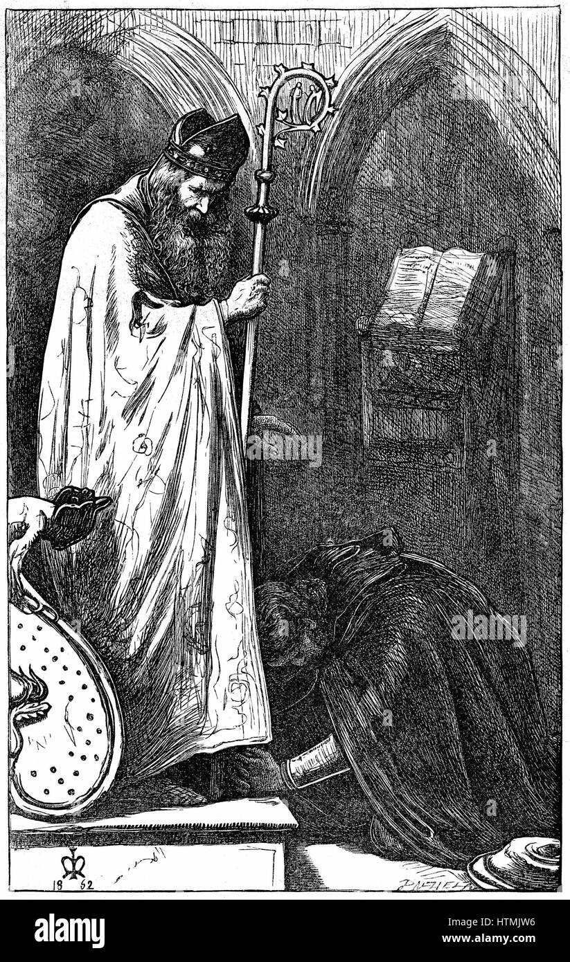 John Everett Millais (1829-1896) artista inglese e membro fondatore di Pre-Raphaelite Fraternità. Illustrazione per la poesia " Il Vescovo e il cavaliere" pubblicato in "l'Cornhill Magazine', Londra, 1862. Il Cavaliere penitente davanti al Vescovo che, in udienza il suo peccato e si rifiuta di shrive lui. Incisione Foto Stock