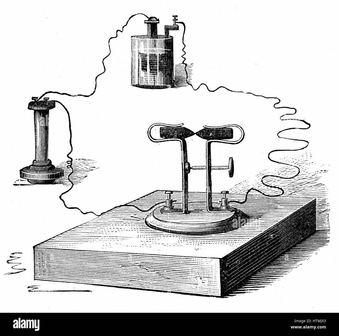 Microfono di carbonio, inventato nel 1878 da David Edward Hughes (1831-1900) inventore inglese. Da R. Wormell "l'elettricità al servizio dell'uomo"Londra, 1890. Incisione Foto Stock