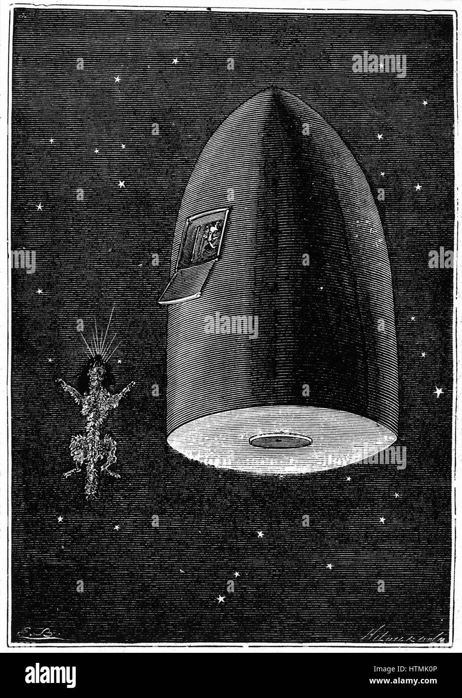 Corpo del cane "sepolto" nello spazio seguente la navicella spaziale in caduta libera verso la luna. Da Jules Verne "Autour de la Lune", Parigi, 1865. Incisione su legno. La letteratura francese. La fantascienza. Il volo spaziale. Foto Stock