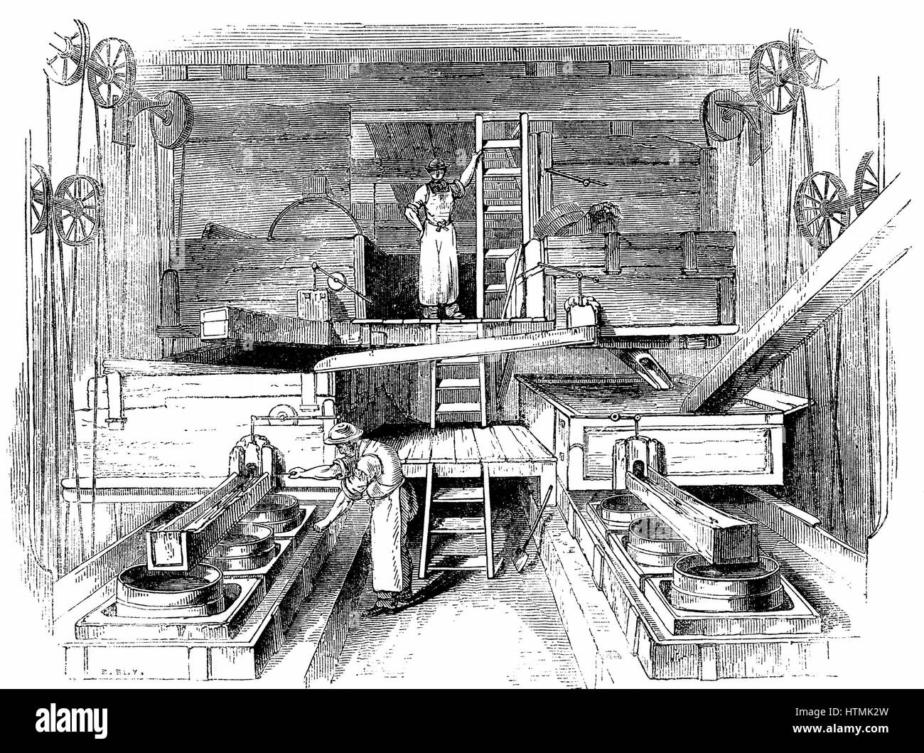 Macinazione e miscelazione ingredienti per la produzione di ceramiche in camera mulino di una fabbrica di Staffordshire. Incisione su legno c1851 Foto Stock