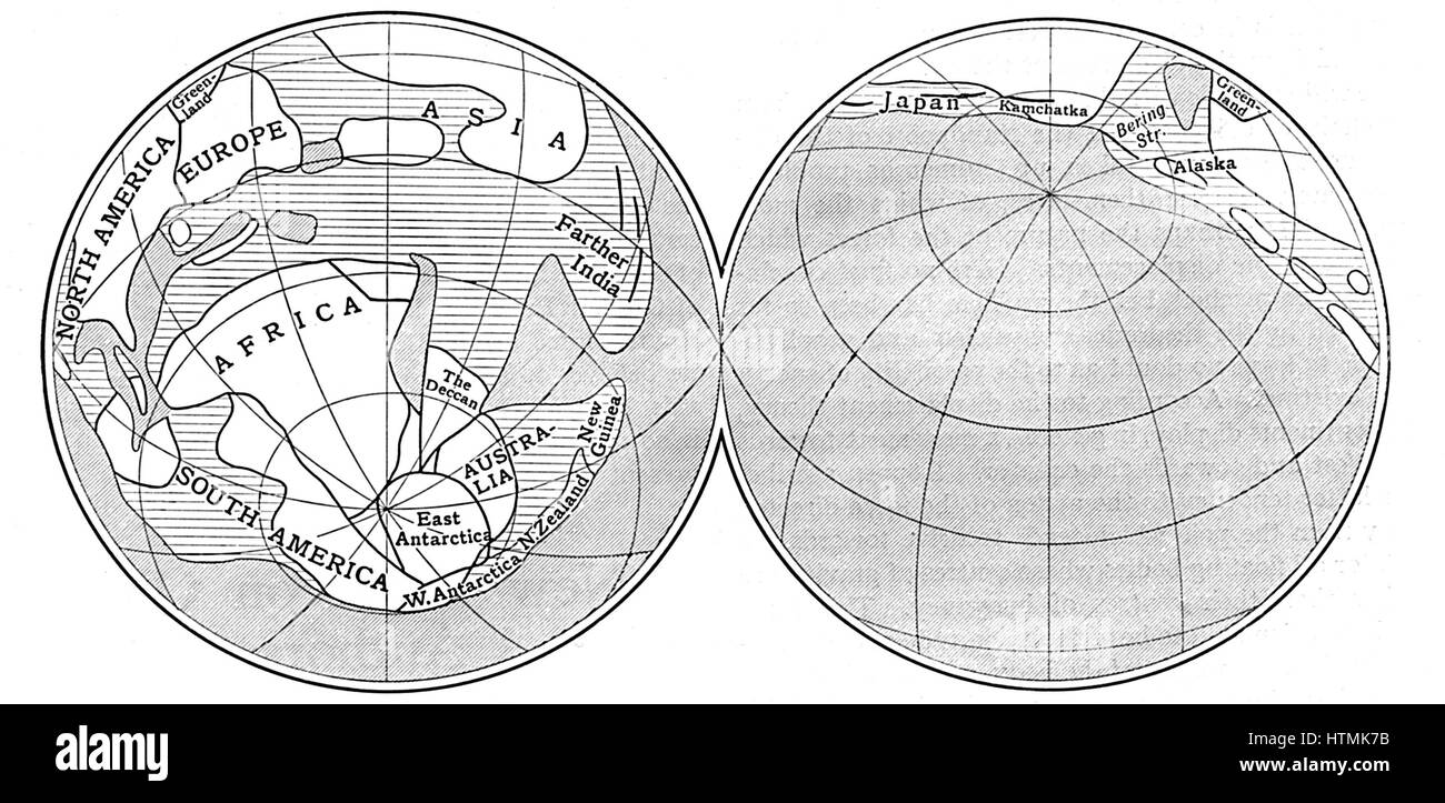Schema della terra durante il periodo Carbonifero. Terra - non ombreggiate: Deep Sea - linee diagonali: acque poco profonde - linee orizzontali. Da un articolo di Alfred Wegener (1880-1930) sulla sua teoria della deriva continentale (Wegener ipotesi: 1915) Foto Stock