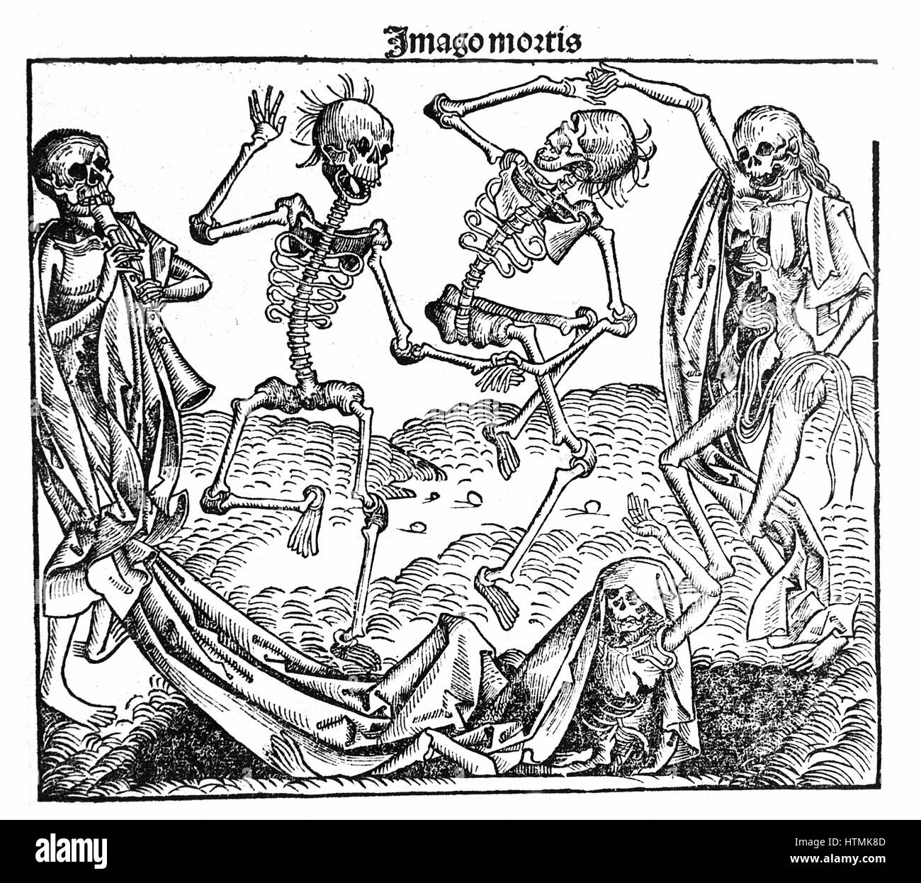 La morte trionfante. Da Hartmann Schedel "Liber chronicarum mundi' (Cronaca di Norimberga), 1493. Scheletri anatomicamente impreciso, in particolare sulle ossa del bacino. Xilografia Foto Stock