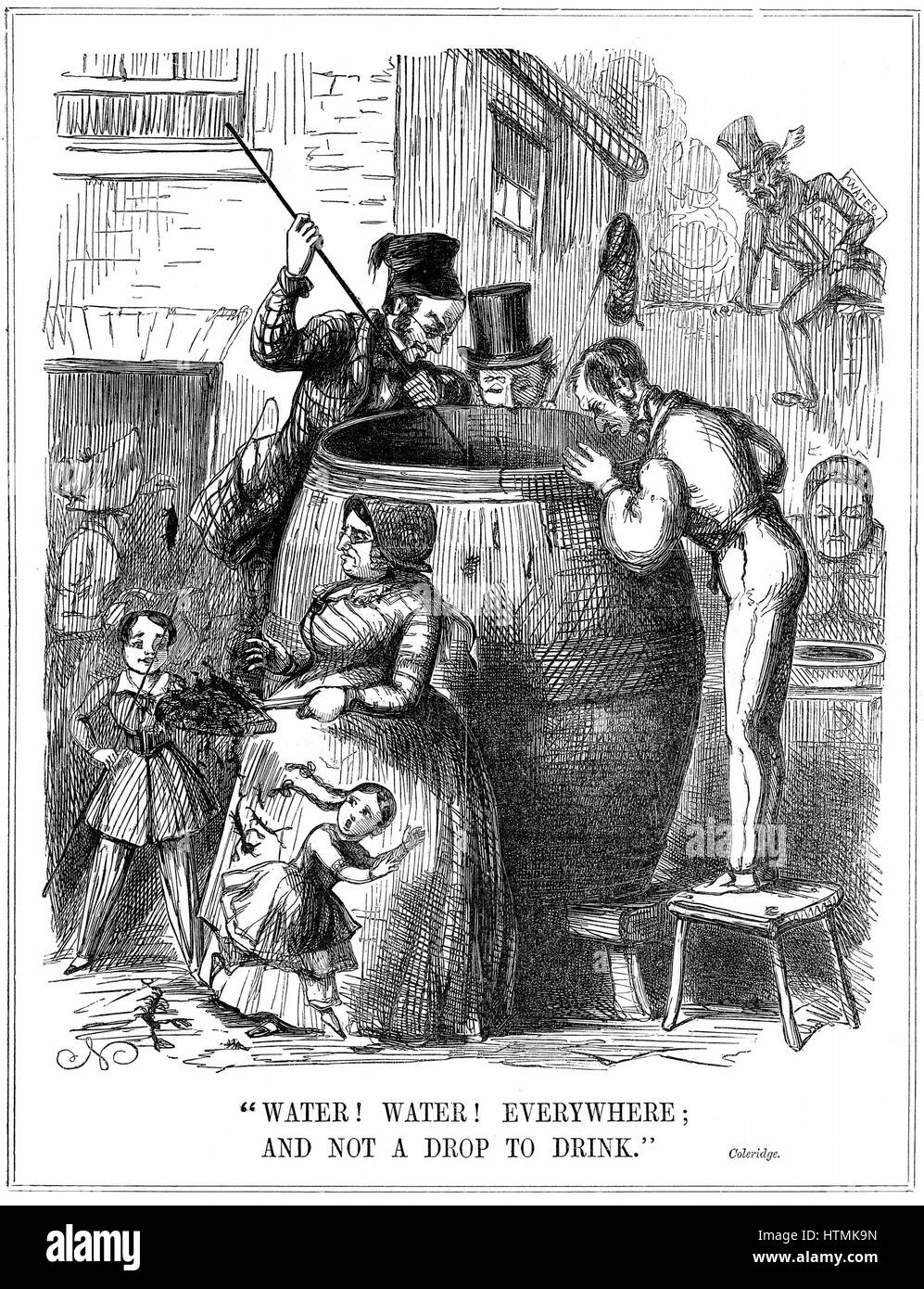 'L'acqua! L'acqua! Ovunque; e non una goccia da bere' osservazione su Londra alimentazione idrica durante la ricomparsa del colera nel 1848 e 1849. Cartone animato da 'Foratura', London, 1849, con un mis-citazione da Coleridge "filastrocca dell antica Mariner'. Incisione su legno Foto Stock