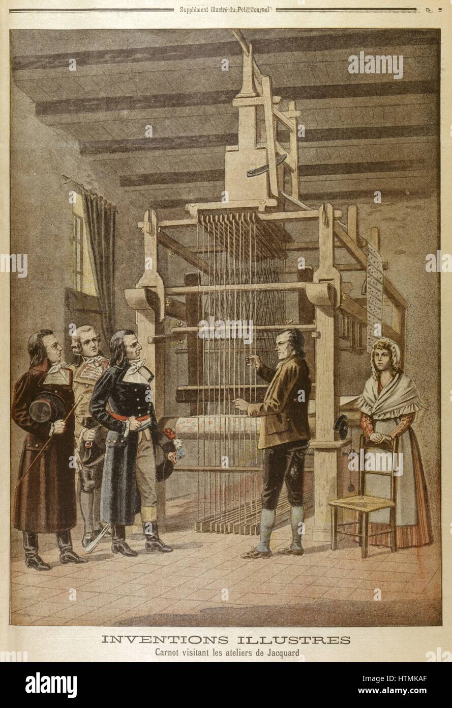 Joseph Marie Jacquard (1752-1834) francese seta-weaver e inventore che mostra il suo telaio di Lazare Carnot (1753-1823) a Lione (1801). Schede perforate sui quali pattern sono codificati a destra del telaio Foto Stock