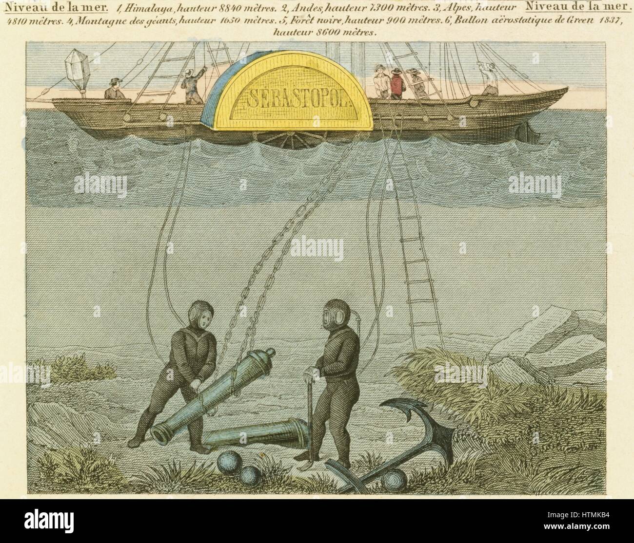 I subacquei pistole di recupero dal fondale marino. Tute di immersione sembrano essere Siebe del design. Dalla piastra educativo pubblicato Wurtemberg c.1855 Foto Stock