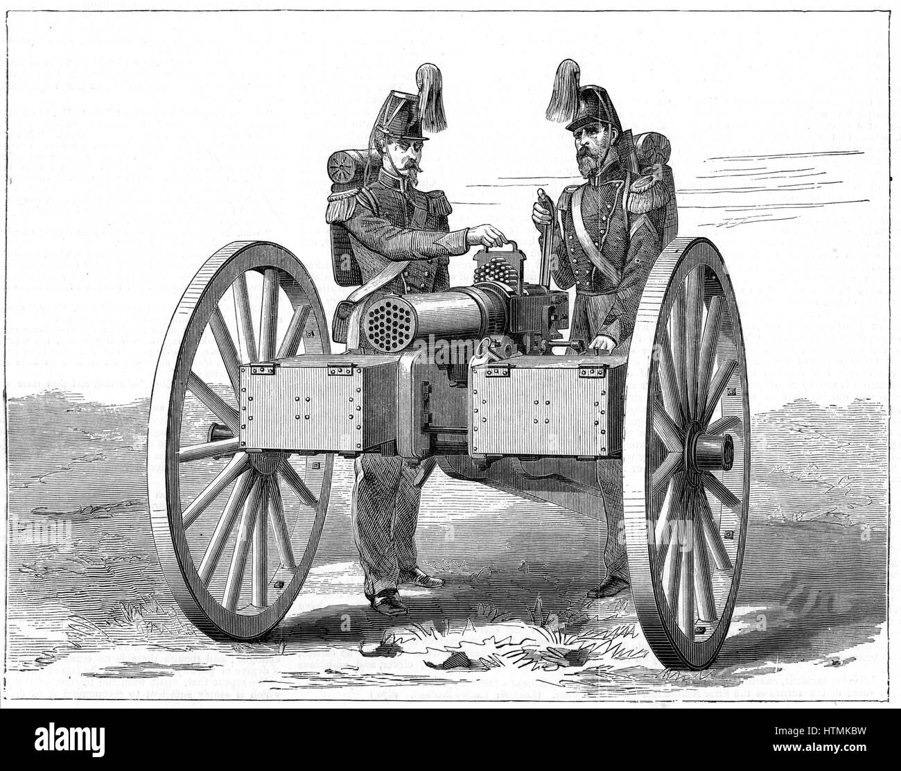 Montigny mitrailleuse, rapido pistola fuoco introdotta dai francesi durante la guerra franco-prussiana 1870-18 71. 37 barili, azionato da 5 uomini potrebbero offrire 482 giri al minuto. Da "La grafica', London, 1870 Foto Stock