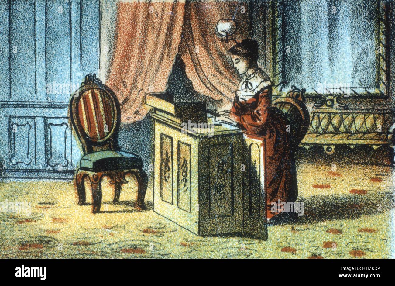 Elias Howe (1819-1867), l'inventore americano, ha brevettato il primo blocco macchina cucitrice a punti nel 1846. Donna che utilizza un Howe macchina. Da 'Adam's illustrato Panorama della storia', c 1878. Chromolithograph Foto Stock