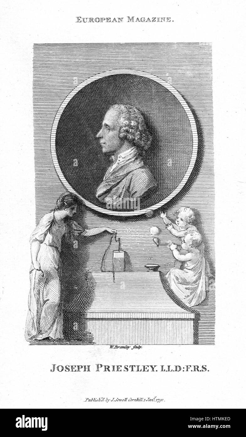 Joseph Priestley (1733-1804) farmacia inglese e Non-Conformist ministro. Uno degli scopritori di ossigeno. Incisione su rame da 'La rivista europea', London, 1791, mostrando putti soffiare bolle con tubo di argilla e donna/muse con un umido cel batteria Foto Stock