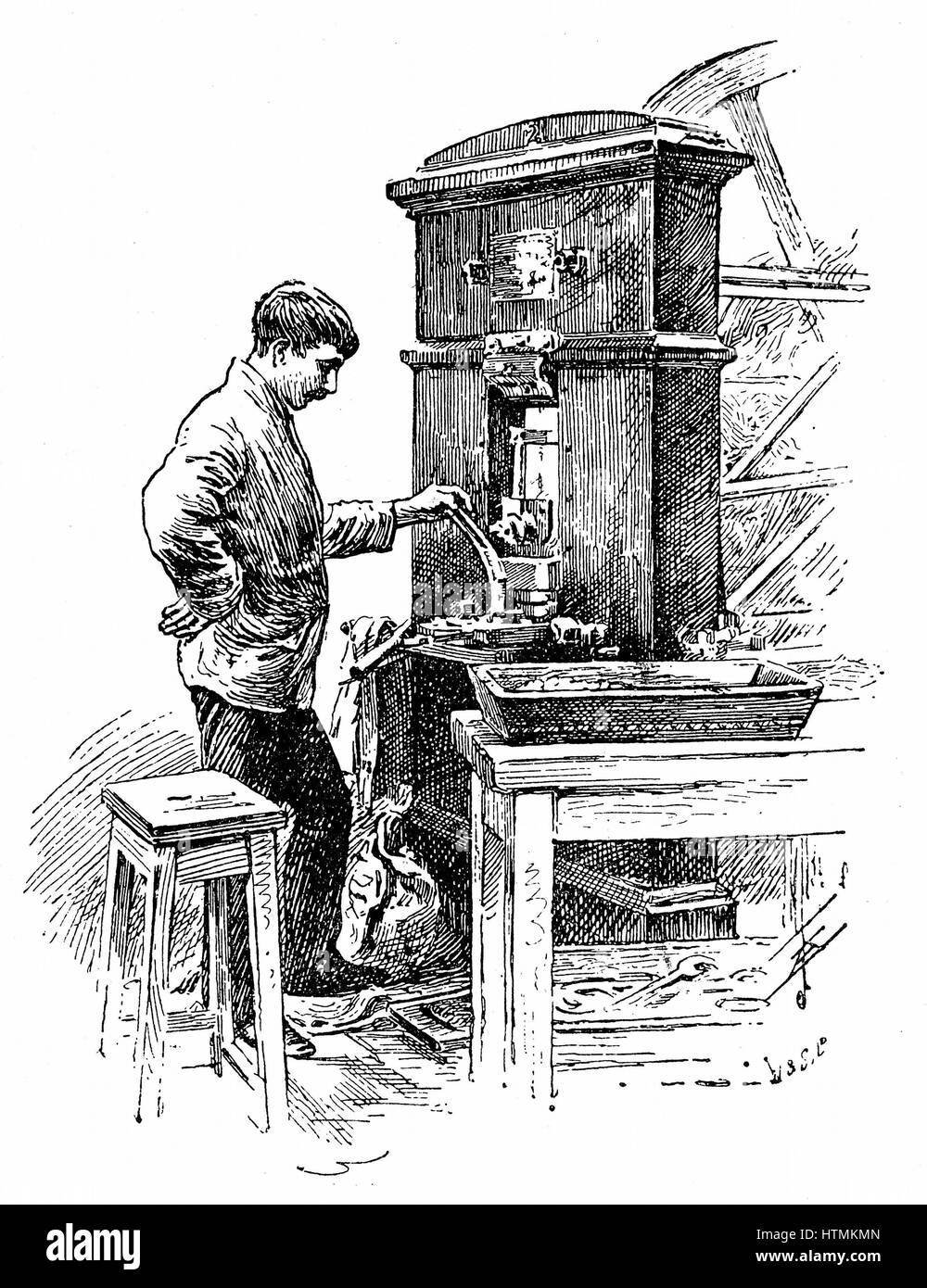 La coniatura premere presso il Royal Mint, Londra. Incisione su legno 1891 Foto Stock