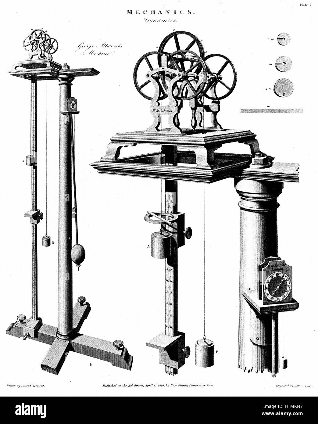 George Atwood (1746-1807) macchina per dimostrare e studiando per effetto della forza di gravità sulla caduta dei corpi. Ha inventato c1780. Matematico inglese Foto Stock