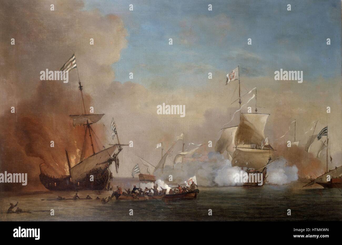 Scuola di Willem van der Velde il giovane "Pirati attaccano un inglese di nave da guerra", XVIII secolo Foto Stock