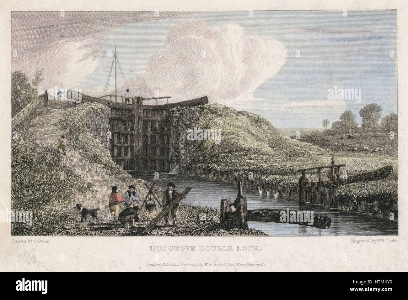 Il Tamigi e Severn Canal aperto 1789. Dudgrove doppia serratura sopra Lechlade. Dudgrove, circa 3/4 di miglio dal Tamigi, è stata la seconda serratura sul canale da dove è collegato con il fiume. Ingegnere: Robert Whitworth. La stampa ha pubblicato a Londra, 1814. Colore Foto Stock