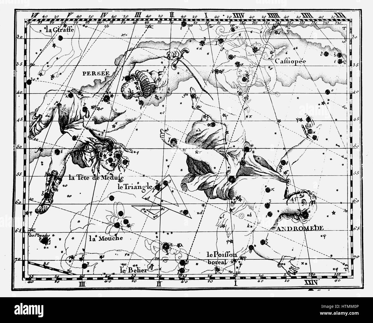 Costellazioni di Perseo portante la testa di Medusa, Andromeda incatenato ad una roccia e il triangolo. Da JJ "Fortin Atlas Coelestis de Flamsteed' Parigi 1775. Incisione su rame Foto Stock