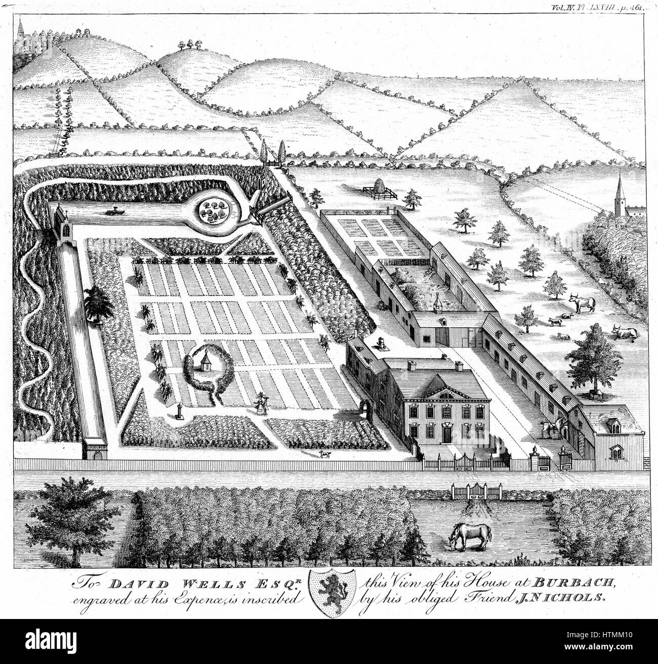 Estate di Davide Pozzi, Burbage, Leicestershire, Inghilterra che mostra la casa e il giardino, fattoria modello, campi recintati, parchi e boschi. Incisione su rame c1750 Foto Stock